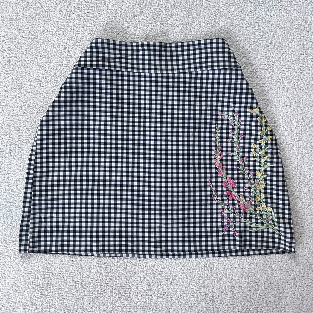 Charter Club Gingham Plaid Mini Skort Floral Embroidered  WHITE & Black Boho